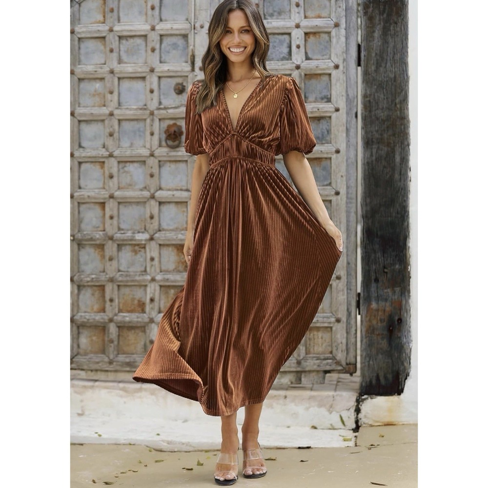 Sissyaki Brown Velvet Maxi Dress Sz S Formal Elegant Wedding Cocktail Party #A